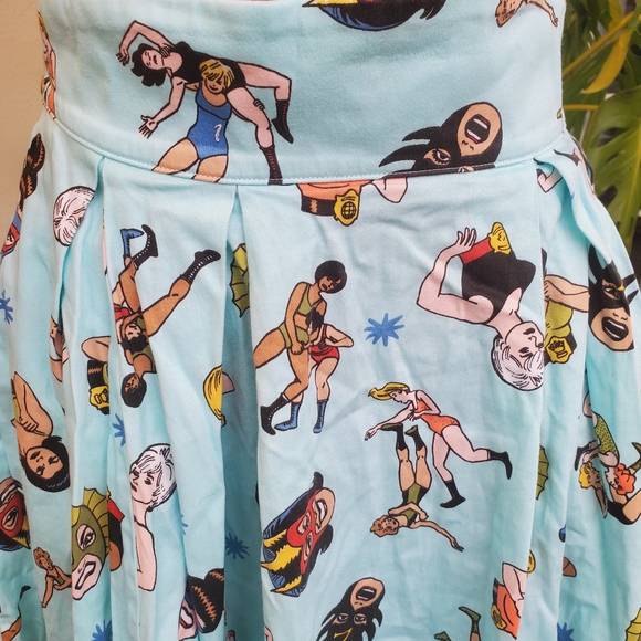 Pinup Couture Light Blue Graphic A-Line Skirt Laura Barnes California Wrestler - Picture 2 of 6